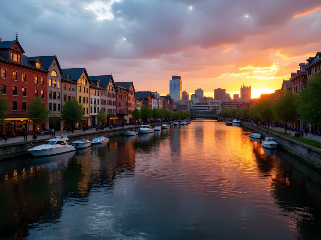 Sunset view of the Milwaukee RiverWalk with colorful buildings and boats