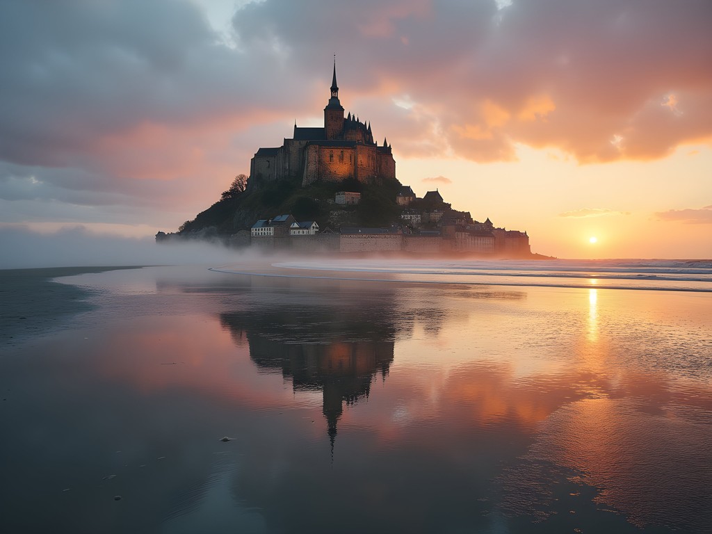 Mont-Saint-Michel rising from morning mist at dawn