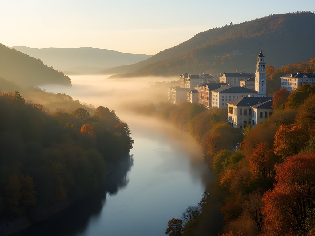 Foggy morning view of Morgantown with the Monongahela River and WVU campus