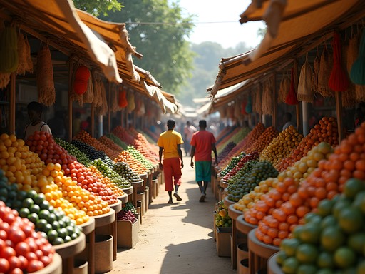 Colorful fresh produce stall at Wakulima Market in Nairobi with local vendors and shoppers