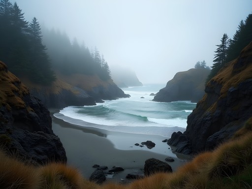 Secluded pocket beach between cliffs near Newport, Oregon with dramatic coastal scenery