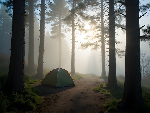 Tent camping among shore pines at South Beach State Park in Newport, Oregon