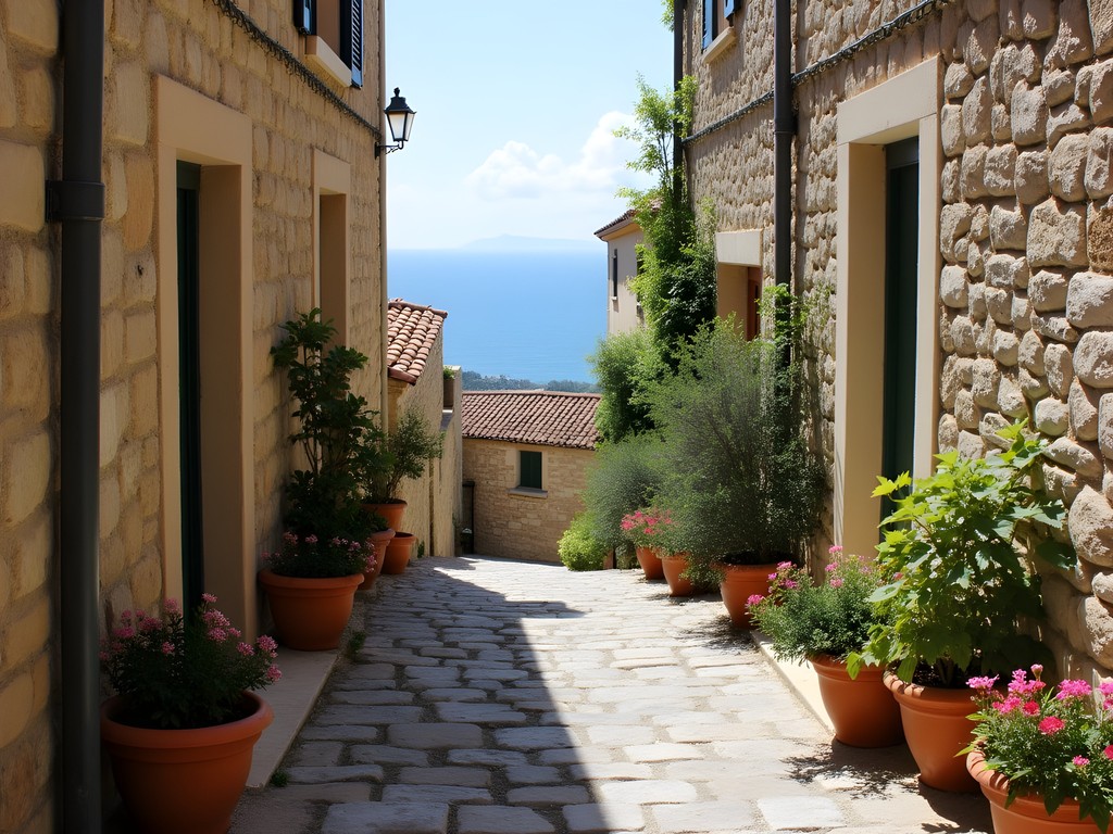 Medieval stone streets of Èze village with Mediterranean Sea views in the background
