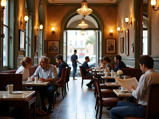 Historic café in Nice with vintage decor and locals enjoying coffee and reading