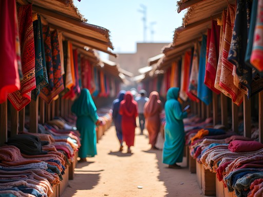 Colorful fabric stalls at Marché Capitale market in Nouakchott