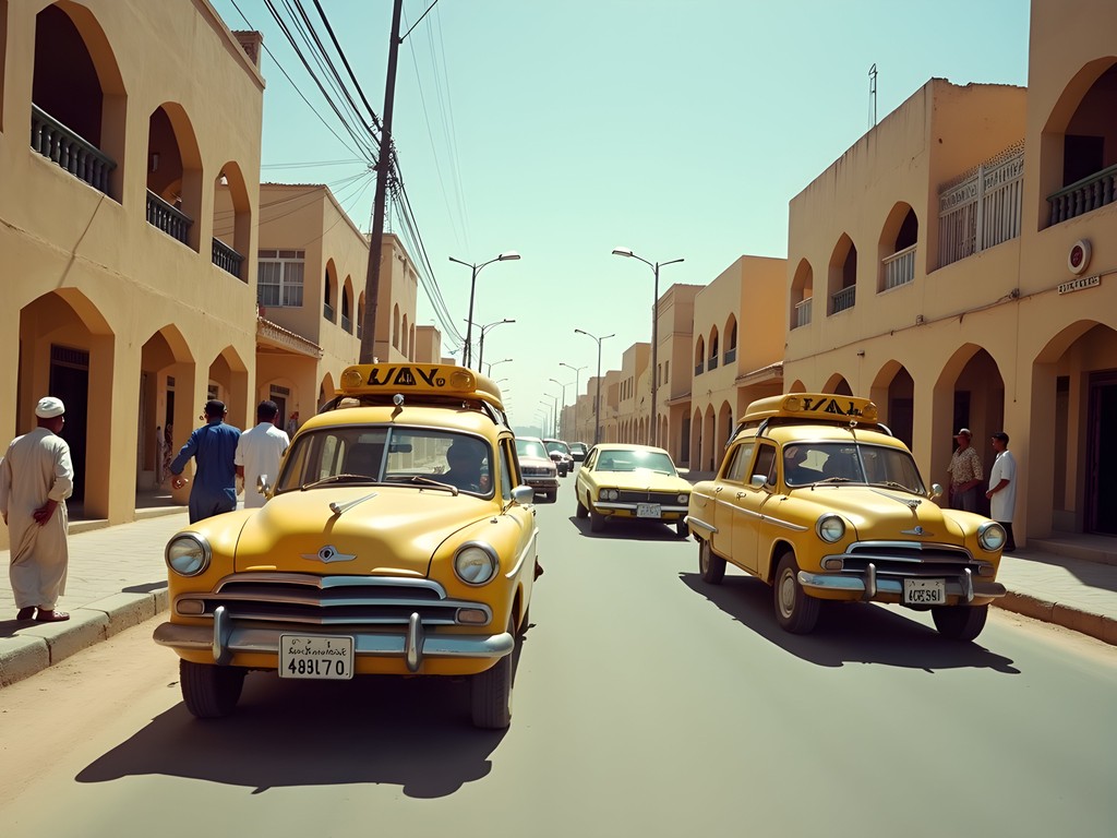 Yellow shared taxis on a busy street in Nouakchott with sand-colored buildings