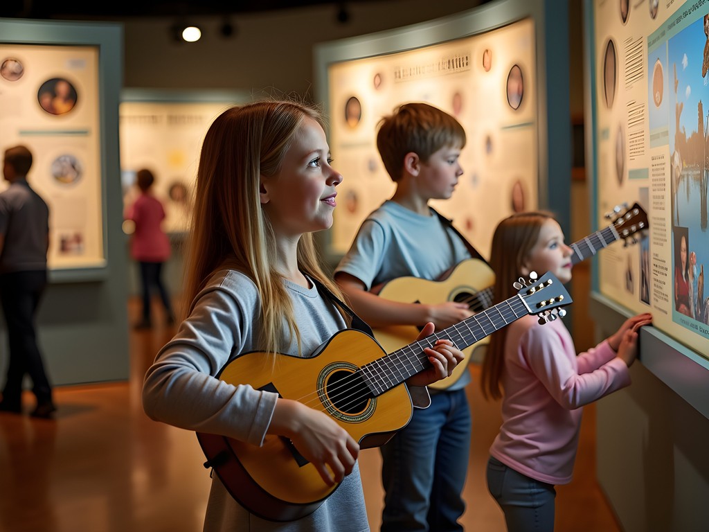 Family enjoying interactive music exhibit at Bluegrass Music Hall of Fame
