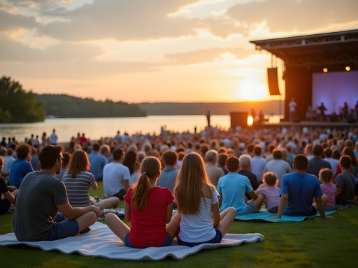 Families enjoying free outdoor concert at Owensboro riverfront during Friday After 5 event