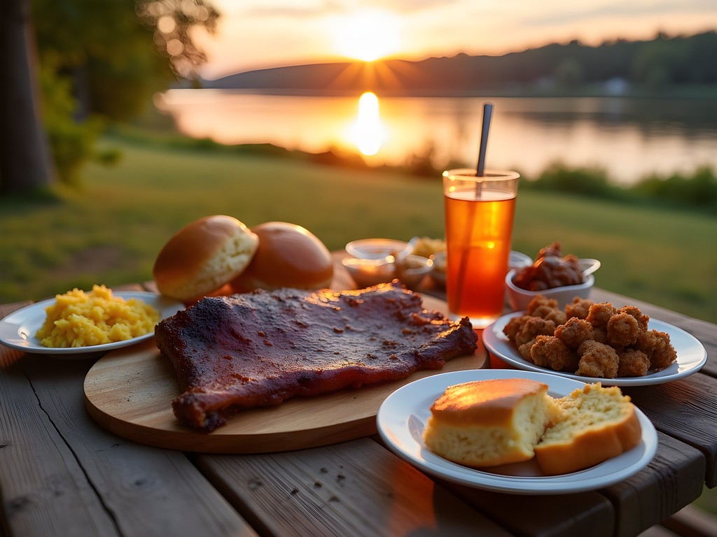 Picnic spread of Owensboro BBQ with Ohio River view at sunset