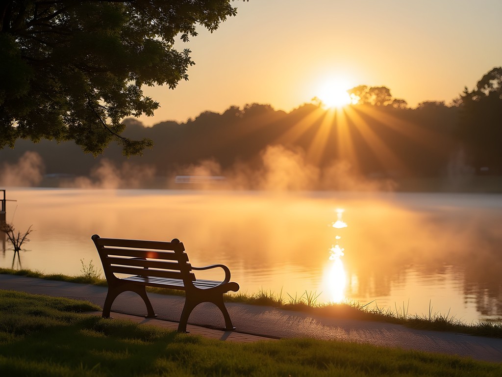 Sunrise view of Ohio River from Owensboro riverfront with morning mist and park benches