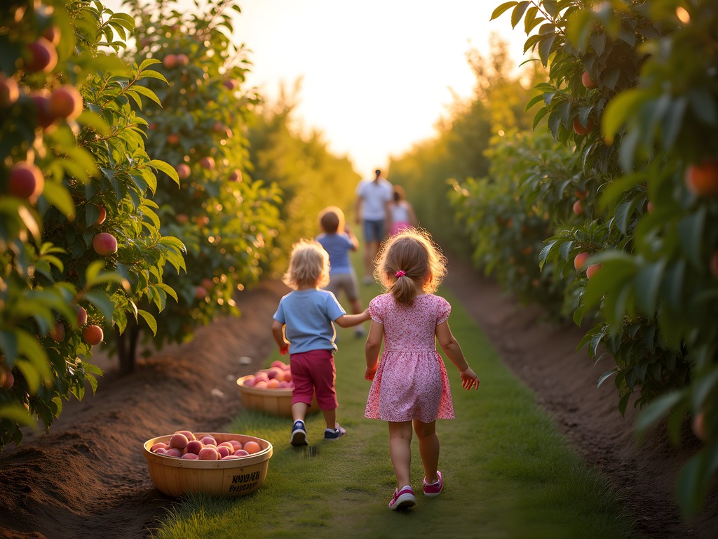 Family picking peaches at Reid's Orchard in Owensboro Kentucky