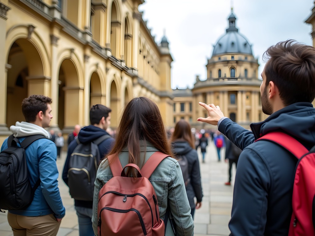 Students enjoying a walking tour in Radcliffe Square, Oxford
