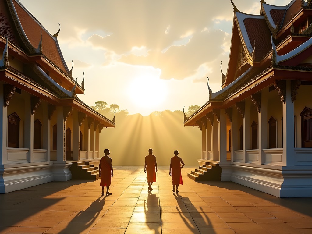 Early morning light illuminating the ornate architecture of Wat Luang temple in Pakse
