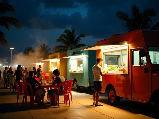 Evening food trucks (roulottes) at Place Vai'ete in Papeete with diners enjoying affordable local cuisine