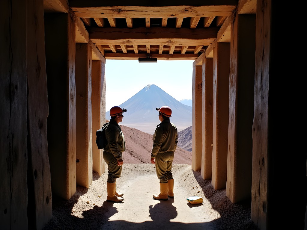 Entrance to Cerro Rico silver mine in Potosí with traditional miners and mountain backdrop
