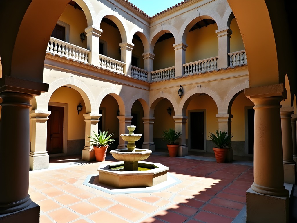 Interior courtyard of colonial-era budget hostel in Potosí with stone arches and plants