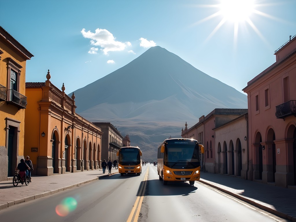Bus arriving in Potosí with dramatic mountain backdrop and colonial architecture