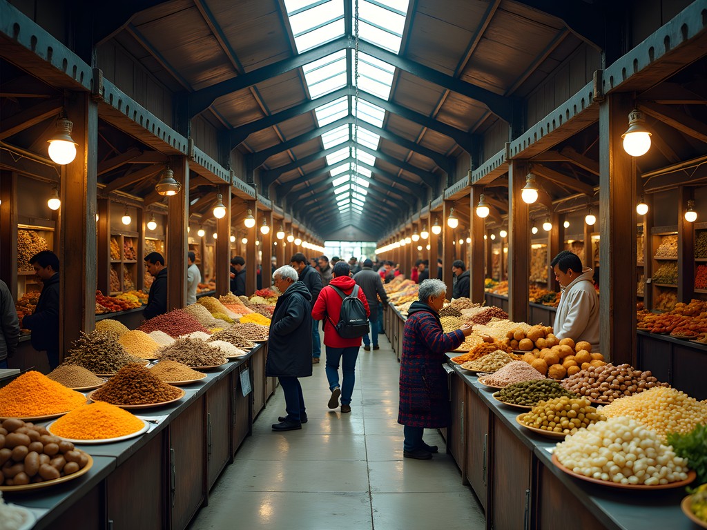 Colorful food stalls at Potosí central market with local vendors and traditional Bolivian dishes