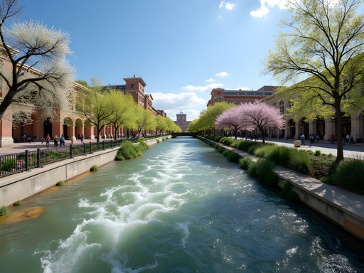 Historic Arkansas Riverwalk of Pueblo in spring with blooming flowers