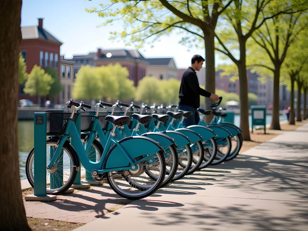 Woman using Pueblo's affordable bike share program near the riverwalk
