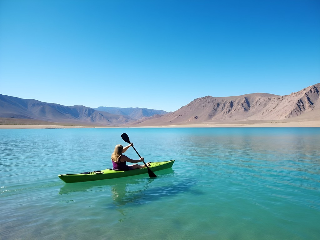 Budget traveler kayaking on Lake Pueblo with mountain views and blue skies