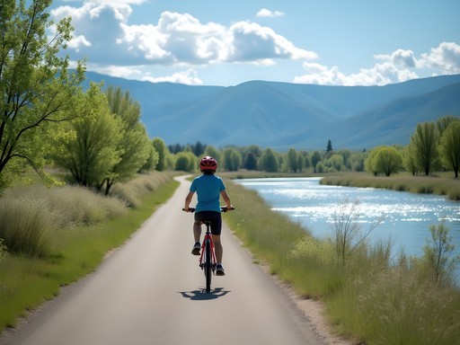 Student cycling along Pueblo's Arkansas River Trail with mountain views