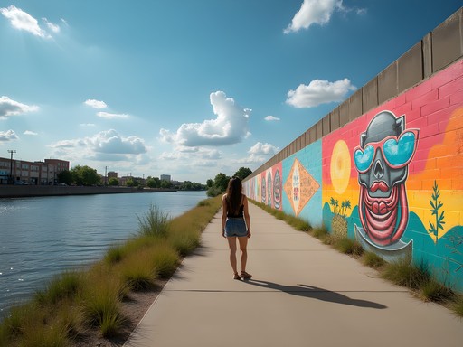 Colorful murals along Pueblo's Arkansas River levee with person viewing artwork