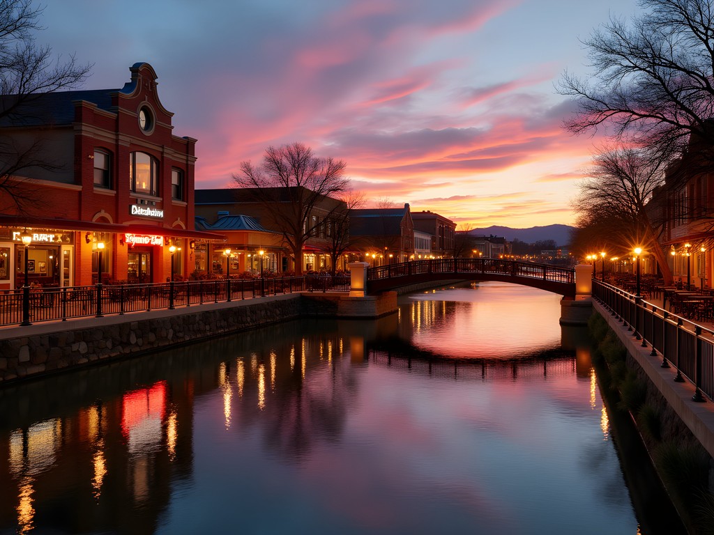 Pueblo Historic Riverwalk at sunset with colorful lights reflecting on water