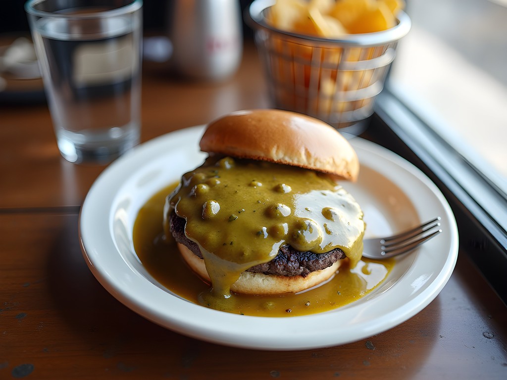 Traditional Pueblo Slopper with green chile sauce at local diner