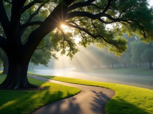 Early morning sunlight filtering through oak trees along running path in Brackenridge Park, San Antonio