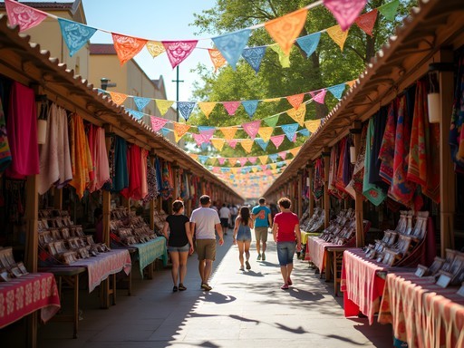 Vibrant colored textiles and crafts displayed at El Mercado (Market Square) in San Antonio with families browsing