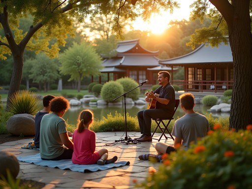 Family-friendly outdoor concert at San Antonio's Japanese Tea Garden with musicians performing near koi pond