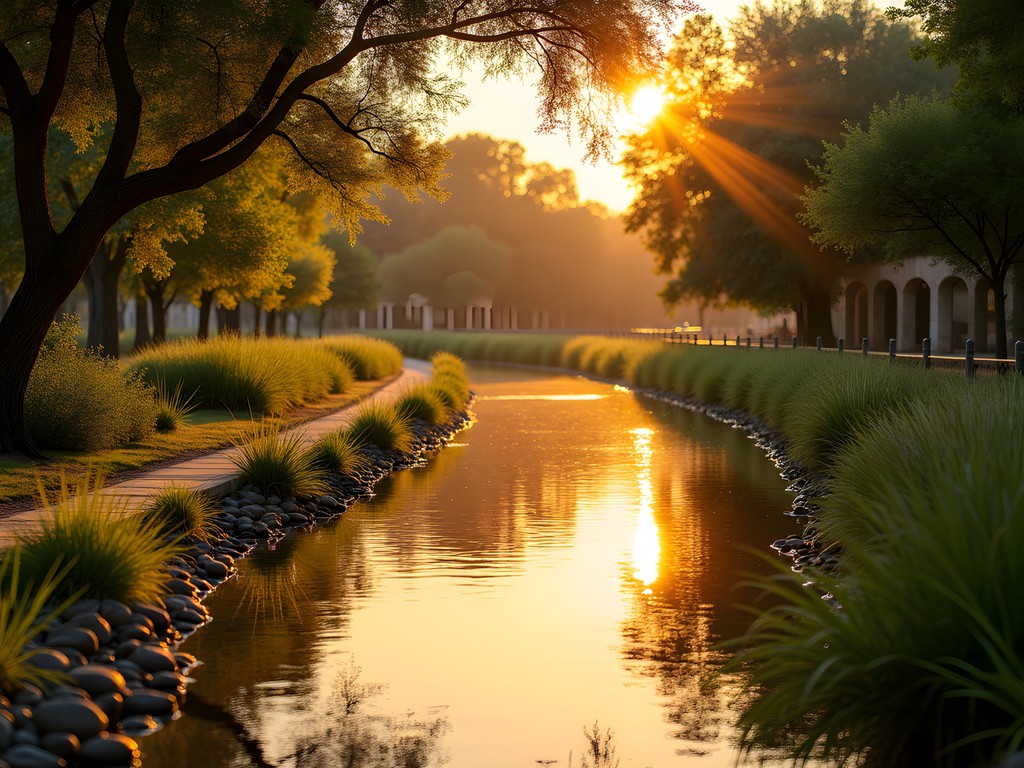 Early morning sunlight illuminating San Antonio's Mission Reach section of River Walk with jogger
