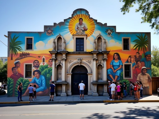 Colorful public mural depicting San Antonio's multicultural heritage with families viewing artwork