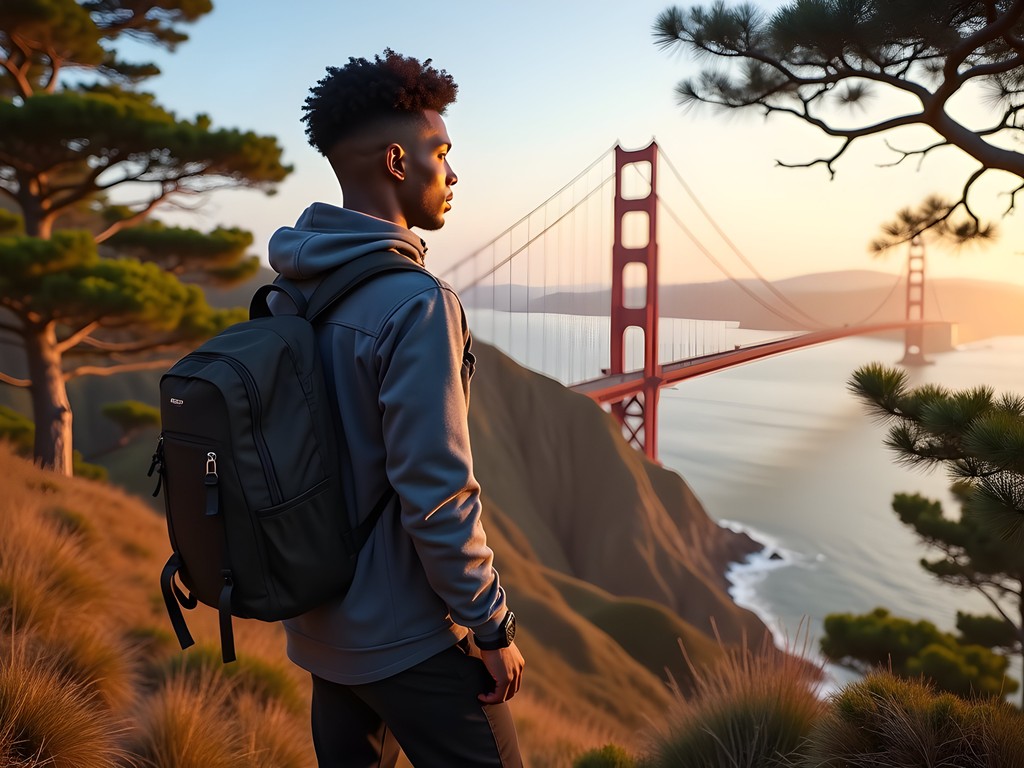 Budget traveler enjoying view of Golden Gate Bridge from Lands End Trail