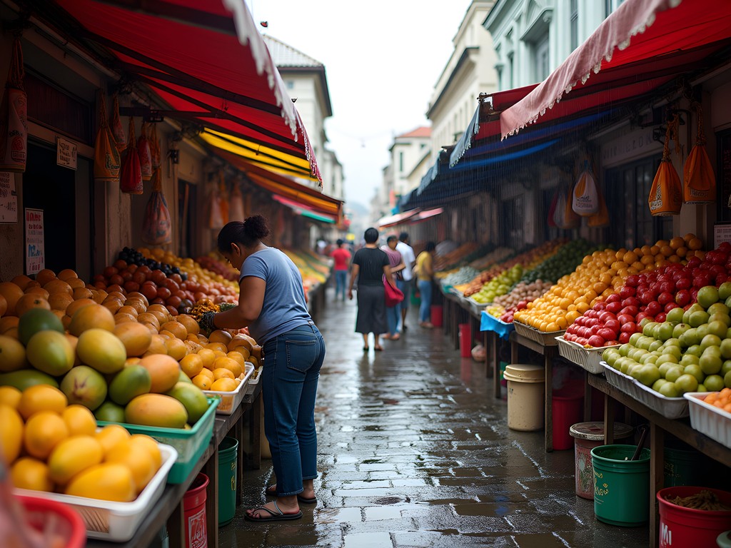 Colorful Santiago market stalls with vendors during a break in autumn rain