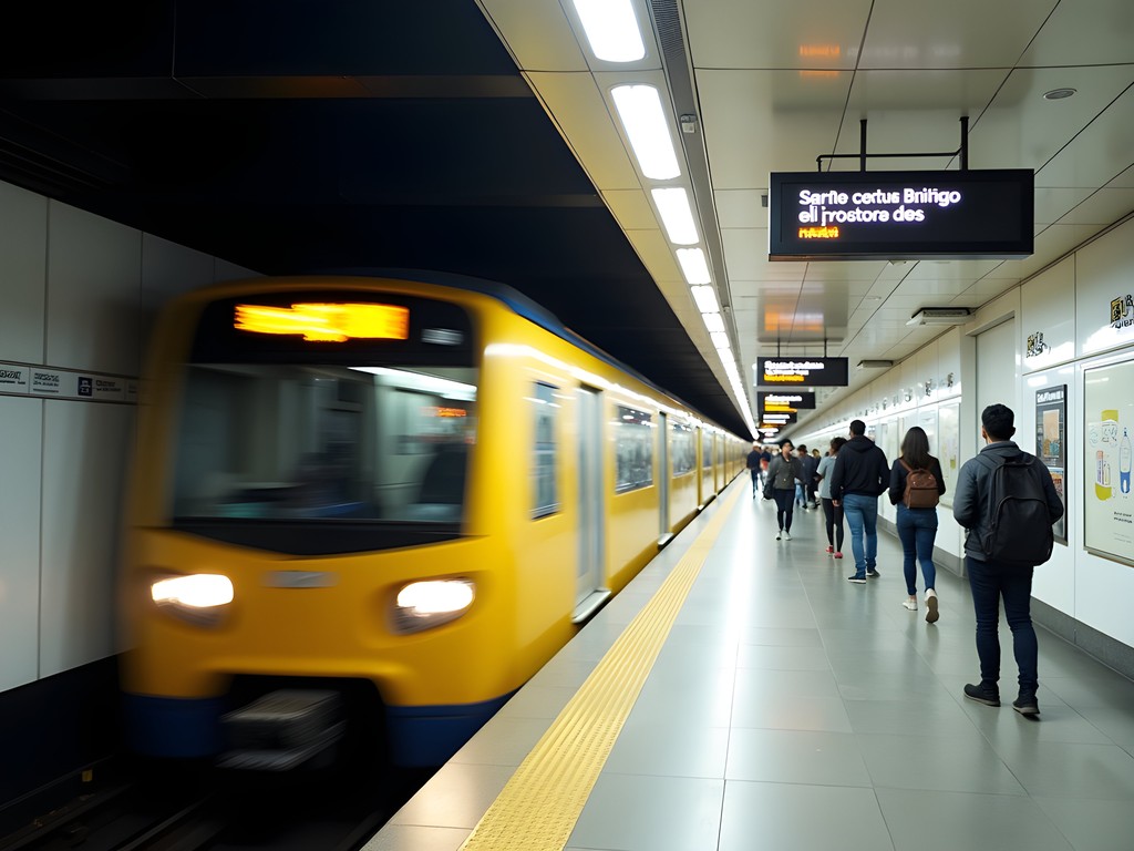 Busy São Paulo metro station with yellow line train arriving