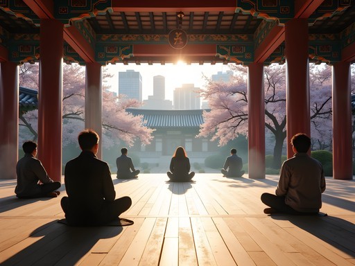 Morning meditation session at Bongeunsa Temple with cherry blossoms in bloom