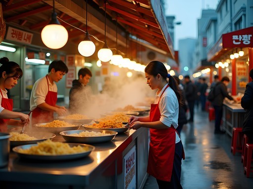 Colorful array of street food at Gwangjang Market with vendors cooking for customers