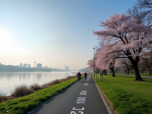 Early morning running path along Han River with Seoul skyline and cherry blossoms