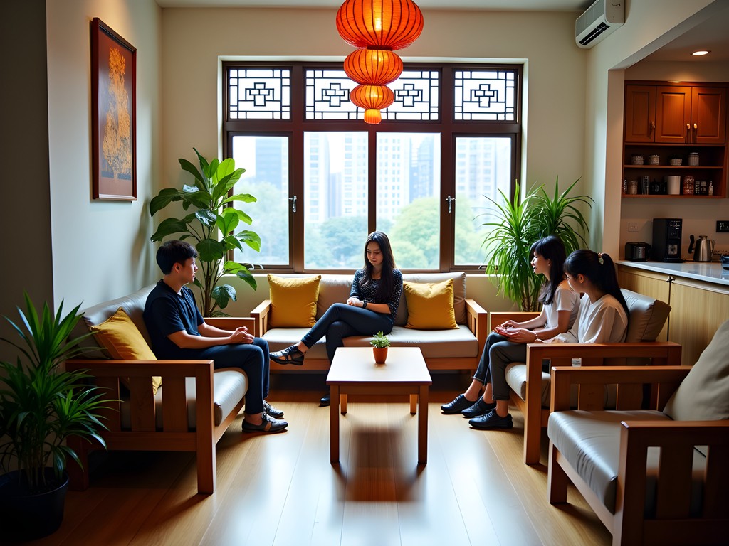 Cozy common area in a Shanghai budget hostel with traditional Chinese elements