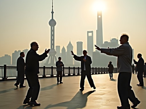 Morning tai chi practice along the Bund with Shanghai skyline backdrop
