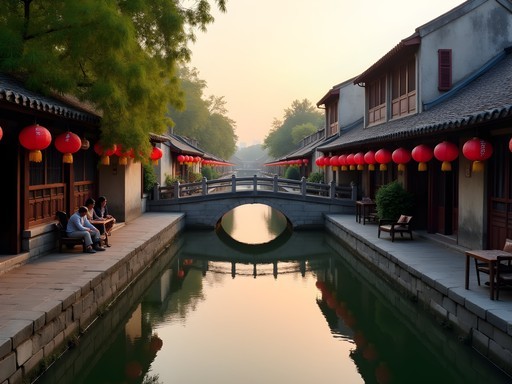 Traditional canal view in Qibao water town with ancient architecture