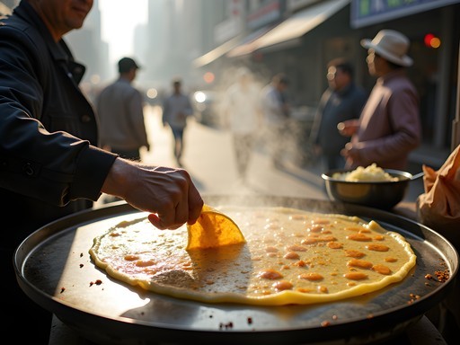 Traditional Shanghai breakfast street food with jianbing being prepared