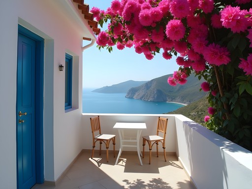 Simple Greek guesthouse balcony with bougainvillea and sea view in Skiathos