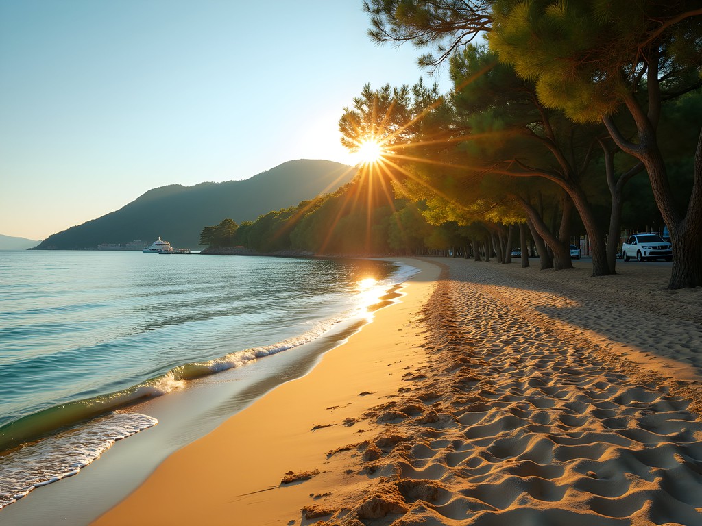 Empty Koukounaries Beach at sunrise in autumn with golden light on sand