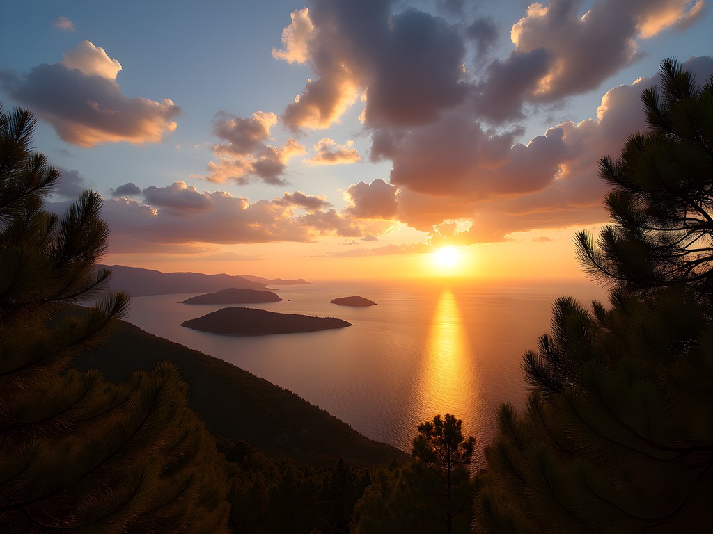 Panoramic sunset view from Kounistra Monastery in Skiathos with Aegean Sea and islands
