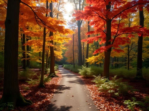 Woman hiking through vibrant autumn foliage in Forest Park Springfield