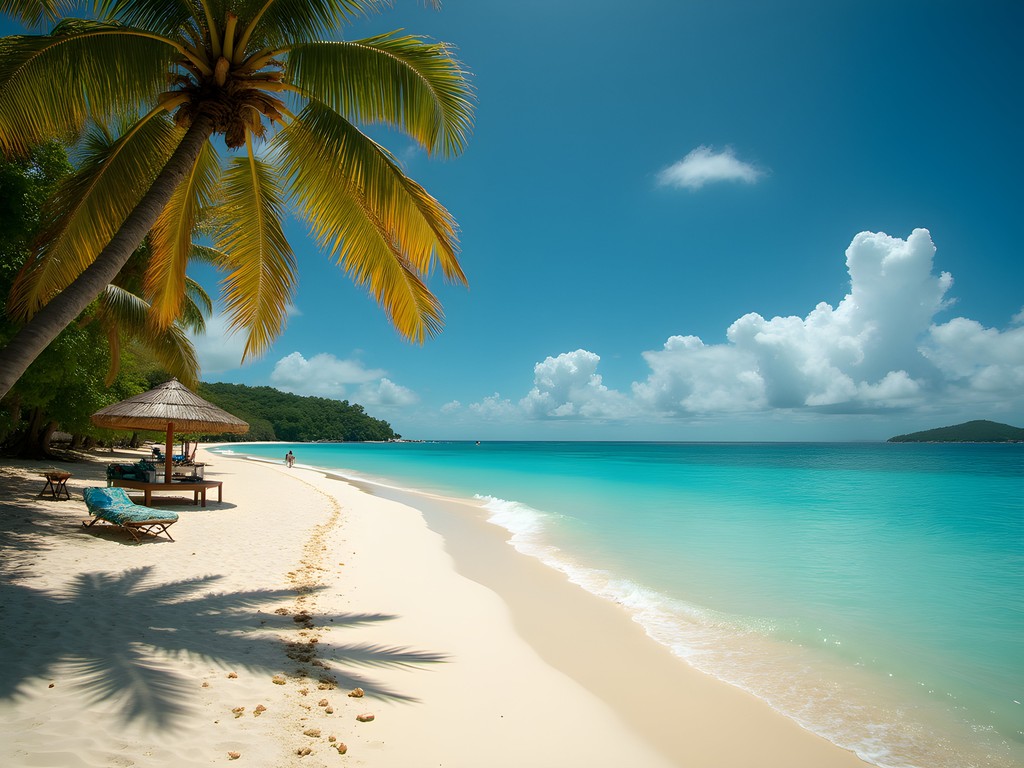 Affordable section of Dickenson Bay beach in Antigua with budget travelers enjoying pristine waters