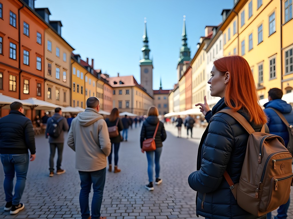 Colorful medieval buildings in Gamla Stan during a free walking tour in Stockholm